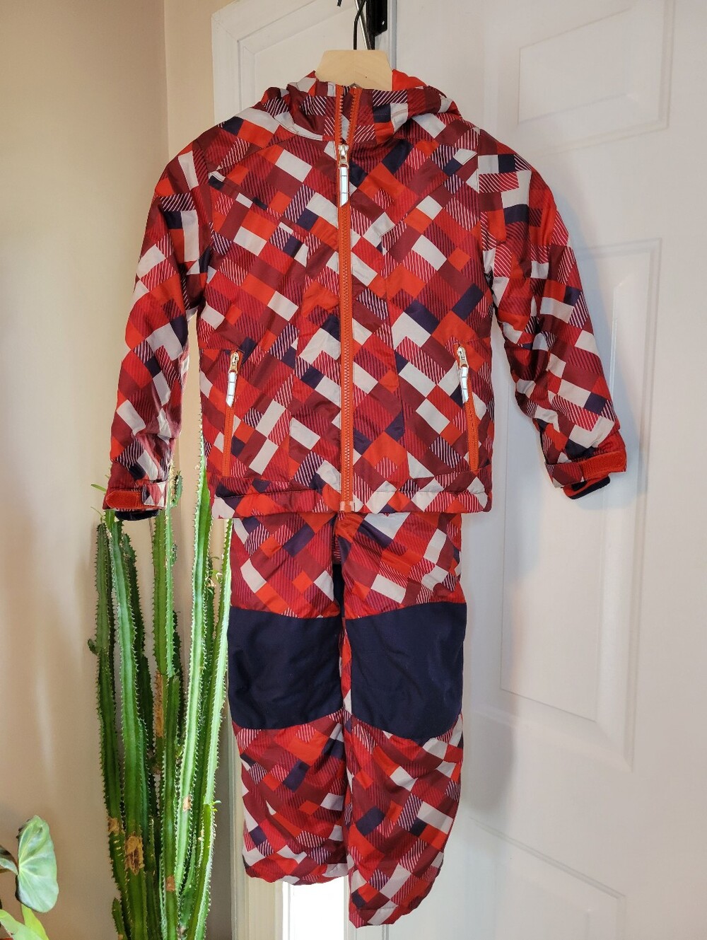 Lands' End Kids' Red Geometric Plaid 2 Piece Snow Suit, Size Boys 4